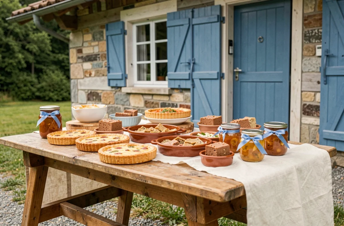 Stand traiteur artisanal du Petit Chalet Bleu à Autun avec terrines et quiches maison présentées sur table en bois