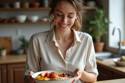 Femme souriante préparant un bol de petit déjeuner sain