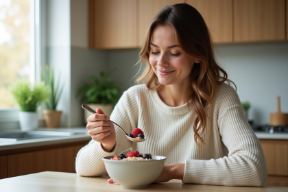 Jeune femme mangeant un bol de porridge aux fruits