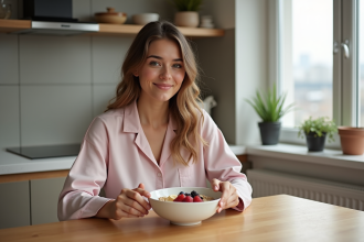 Jeune femme en pyjama pastel dégustant un bol de flocons avec fruits
