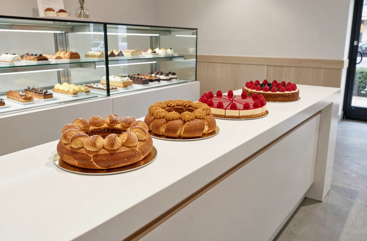 Comptoir épuré d'une pâtisserie contemporaine à Nice présentant un Saint-Honoré, un Paris-Brest et une tarte aux framboises glacée signés Philippe Tayac Pâtisserie