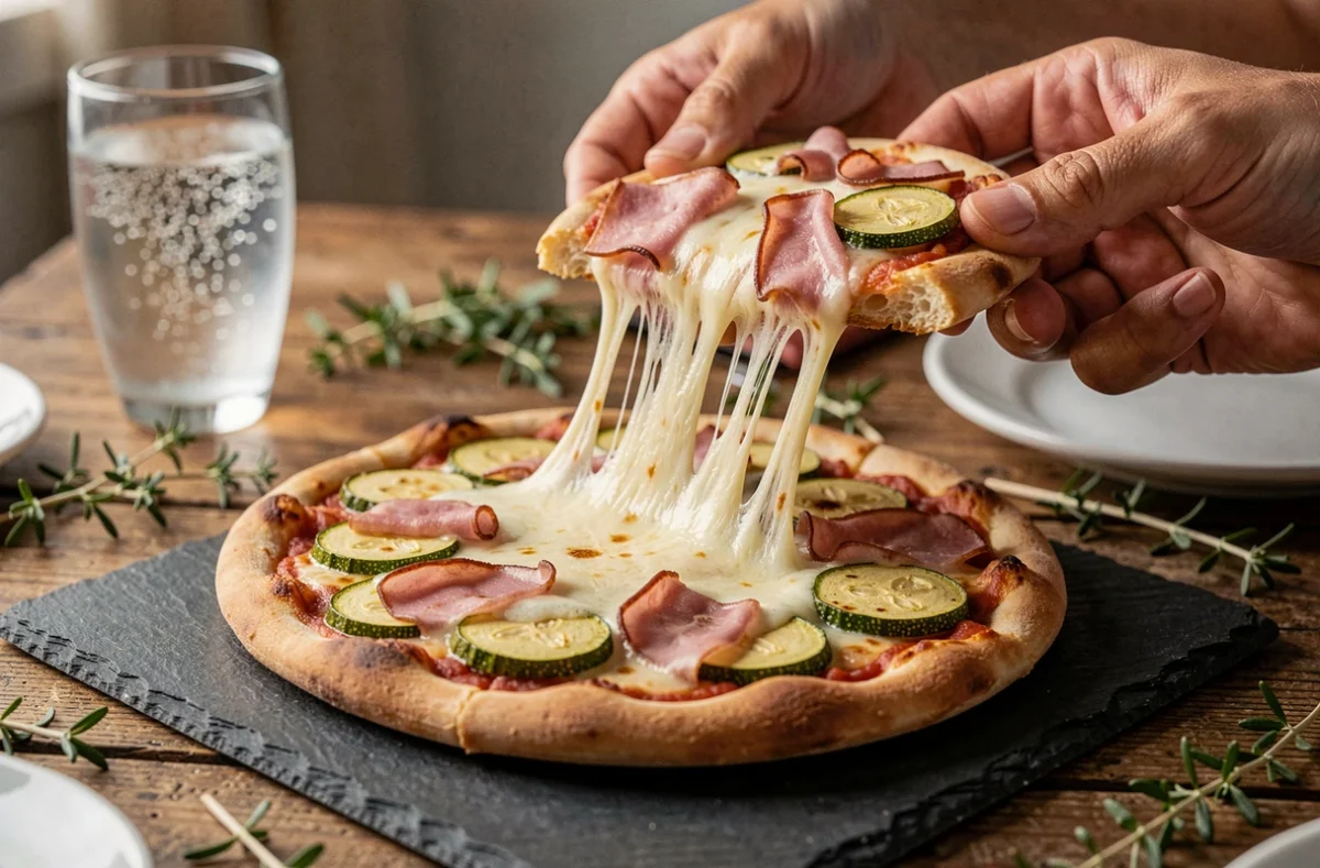 Mozzarella fondante qui s'étire sur une pizza courgette au jambon, moment convivial en semaine