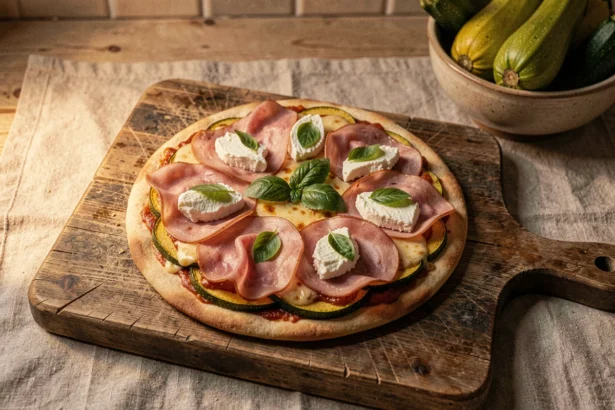Pizza courgette maison avec jambon et mozzarella fondante sur planche en bois rustique, vue de dessus