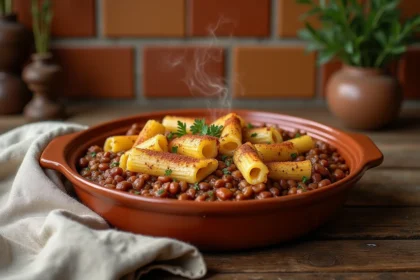 Plat égyptien au four dans une cocotte en terre cuite avec lentilles épicées, oignons caramélisés et pâtes dorées sur une table en bois rustique