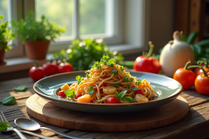 Plat gourmet présenté sur une table en bois rustique avec ingrédients frais