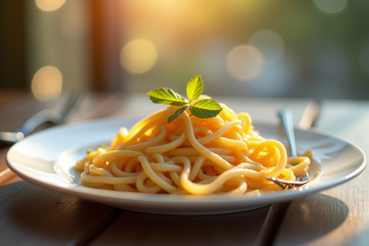 Assiette de pâtes cuites avec fourchette dans une ambiance chaleureuse