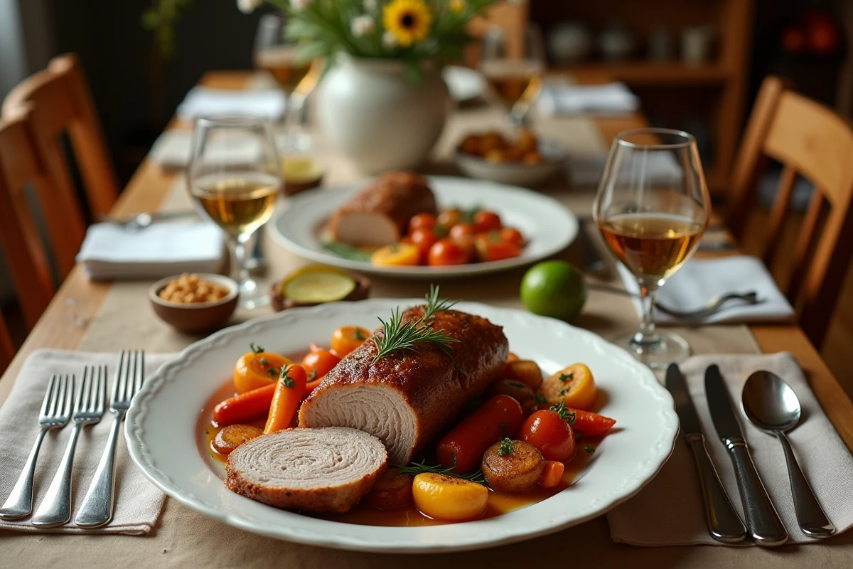 Plat de filet de porc et légumes rôtis sur table