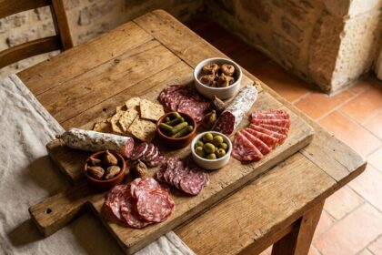 Plateau apéritif en bois rustique avec plusieurs variétés de saucisson sec, cornichons et crackers artisanaux sur une table en chêne