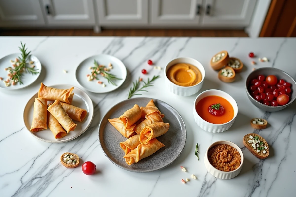 Plateau apéro dinatoire vue du dessus avec finger foods originaux comme des rouleaux de printemps, hummus de betterave et crostinis figues chèvre sur marbre