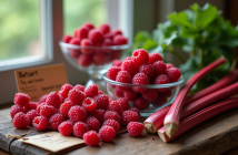 Table rustique avec fruits rouges et rhubarbe colorés