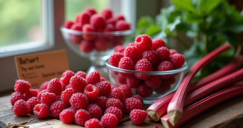 Table rustique avec fruits rouges et rhubarbe colorés