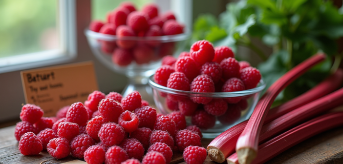 Table rustique avec fruits rouges et rhubarbe colorés