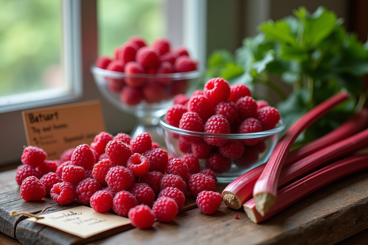 Table rustique avec fruits rouges et rhubarbe colorés