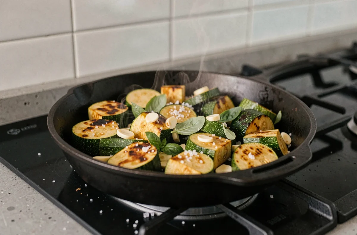 Poêlée de grosses courgettes dorées à la poêle en fonte avec ail et basilic frais sur un feu de gaz