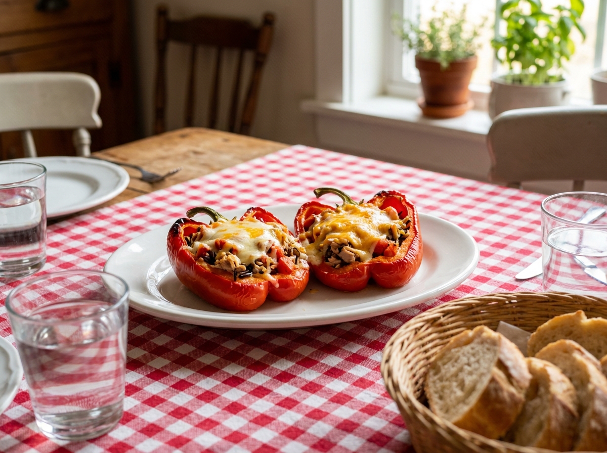 Poivrons farcis au thon en conserve bio, riz et fromage fondu sur une table de cuisine familiale