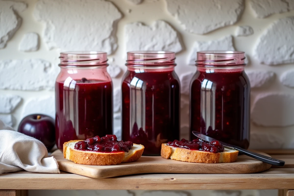Pots de confiture de prunes faite maison alignés sur une étagère en bois avec une tartine de pain grillé