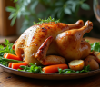 Poulet rôti avec légumes colorés sur table rustique