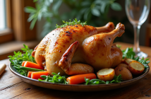 Poulet rôti avec légumes colorés sur table rustique