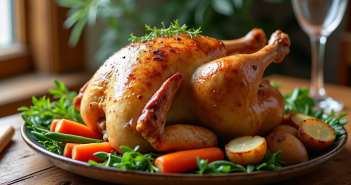 Poulet rôti avec légumes colorés sur table rustique