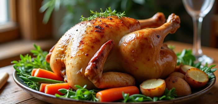Poulet rôti avec légumes colorés sur table rustique