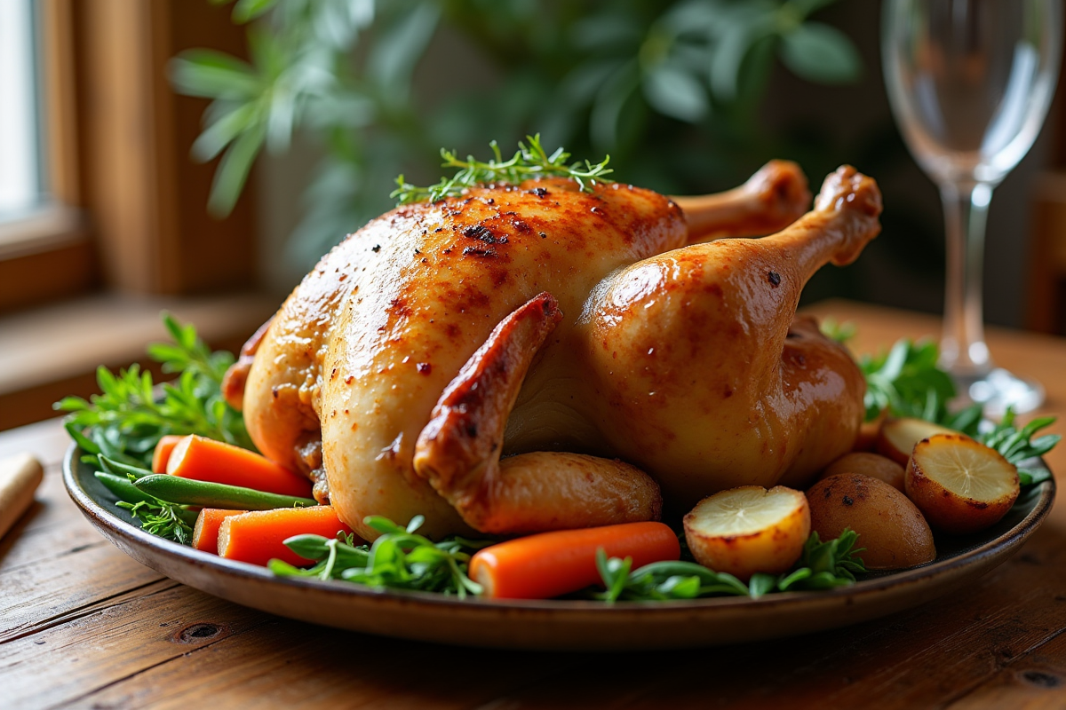 Poulet rôti avec légumes colorés sur table rustique