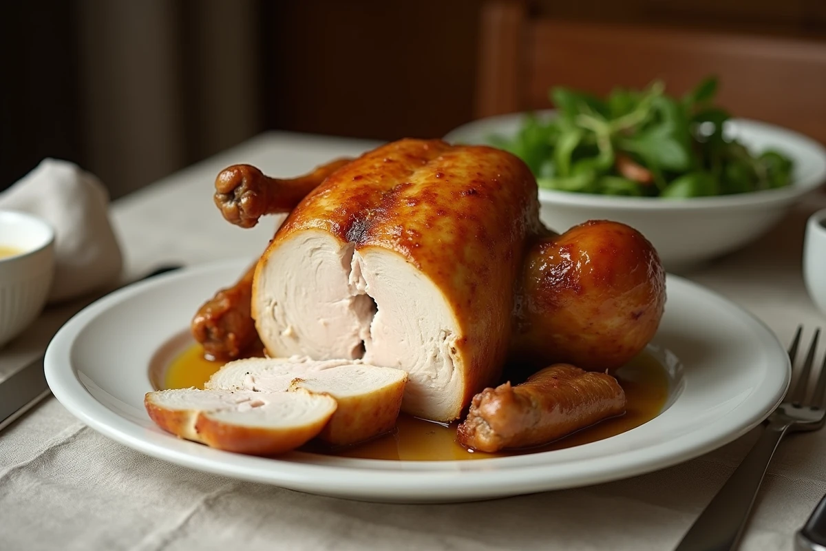 Poulet rôti de 1,5 kg découpé sur un plat en céramique blanche dressé sur une table de repas en famille avec salade et jus de cuisson