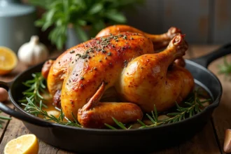 Poulet rôti entier de 1,5 kg doré et croustillant dans une cocotte en fonte sur une table en bois rustique, entouré d'herbes fraîches et d'ail