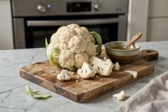 Préparation de fleurettes de chou-fleur sur une planche en bois avec un bol d'huile d'olive pour une cuisson au four légère
