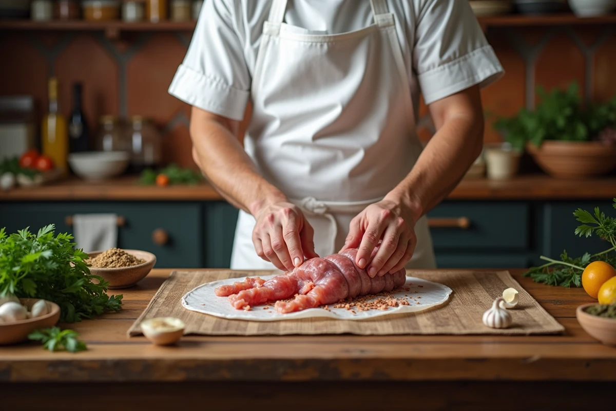 Chef en train de préparer des crépinettes de porc maison en enveloppant la farce dans de la crépine sur un plan de travail en bois