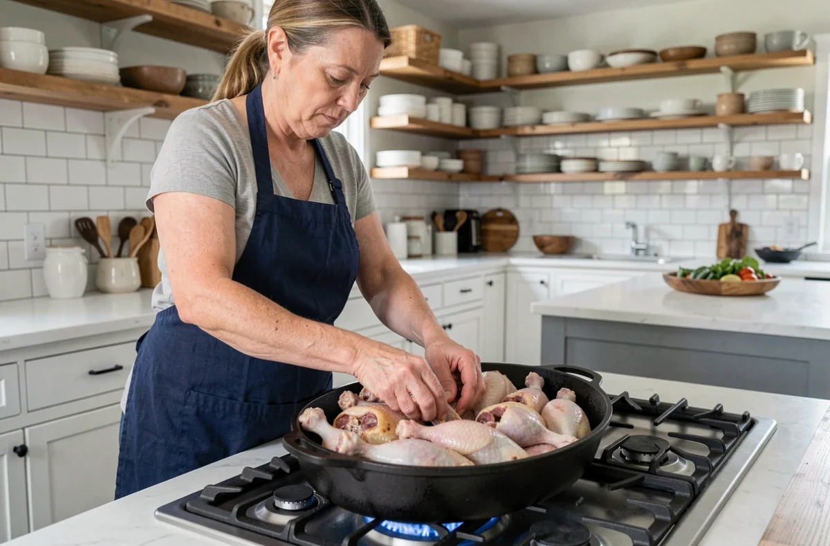 Femme préparant une grande quantité de cuisses de canard dans une cocotte ovale pour un repas en famille