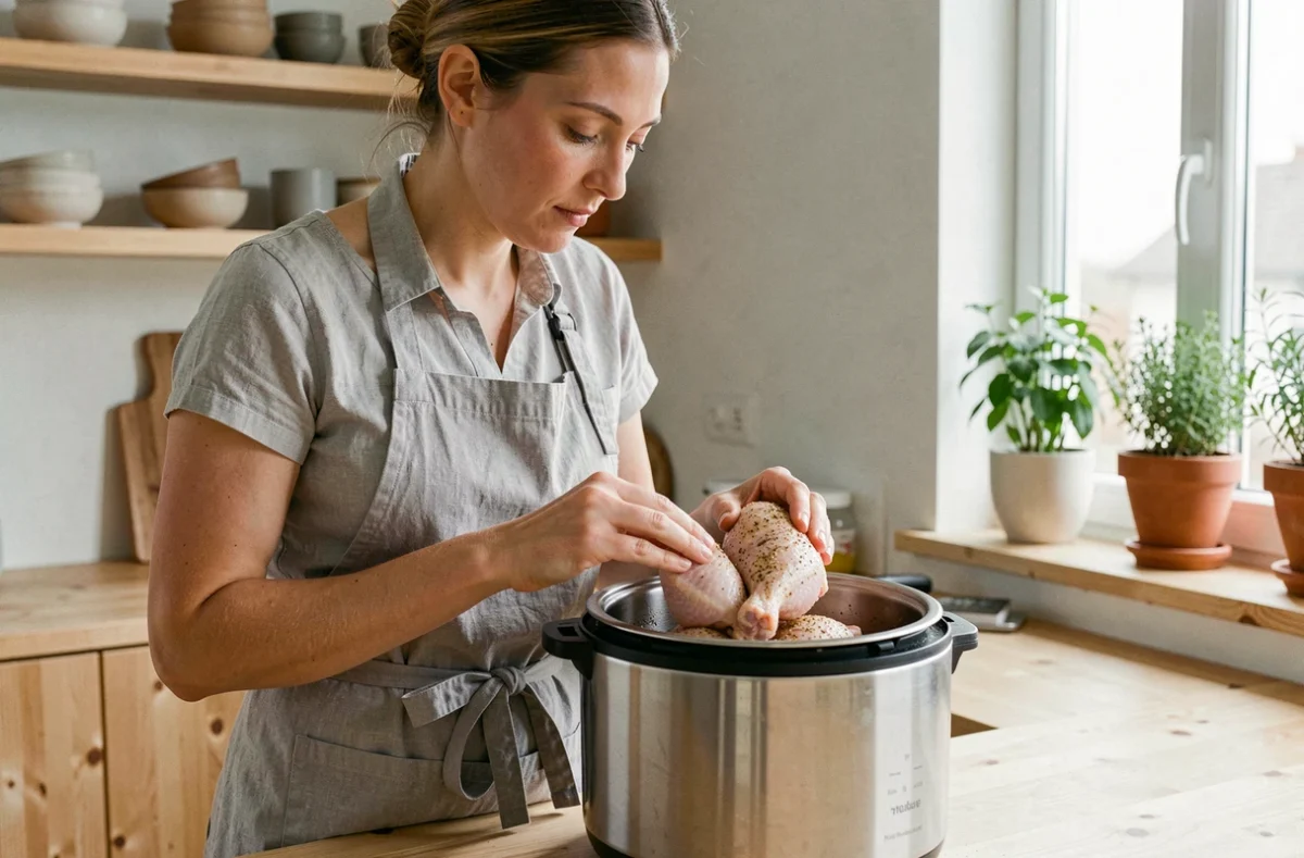 Femme préparant des cuisses de poulet crues assaisonnées avant cuisson dans un Cookeo