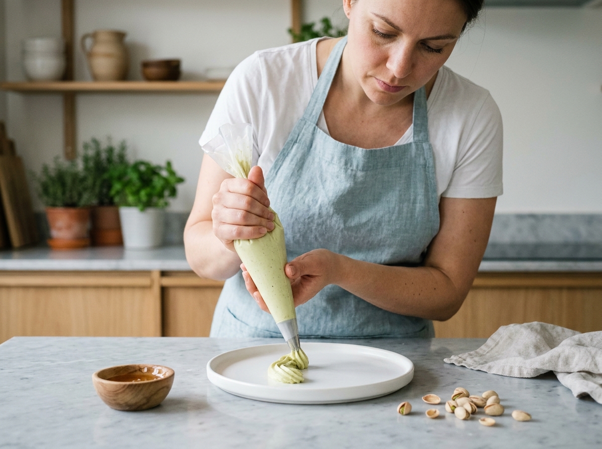 Femme préparant un dessert léger à la crème de pistache dans une cuisine moderne au style scandinave