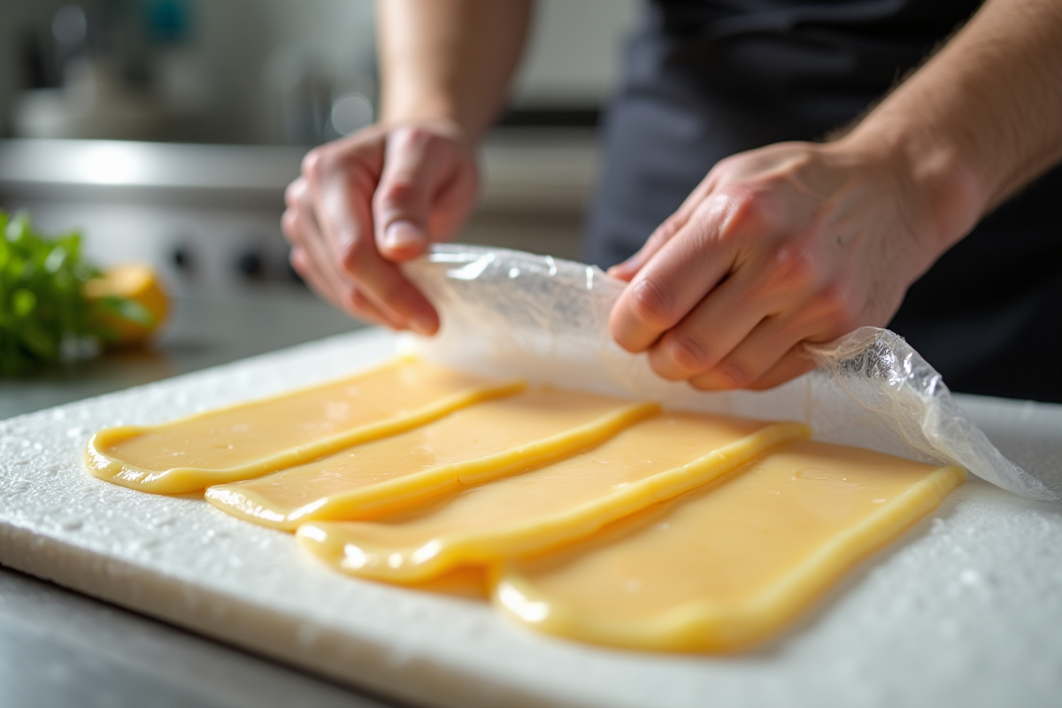 Chef enveloppant des tranches de foie gras pour congeler