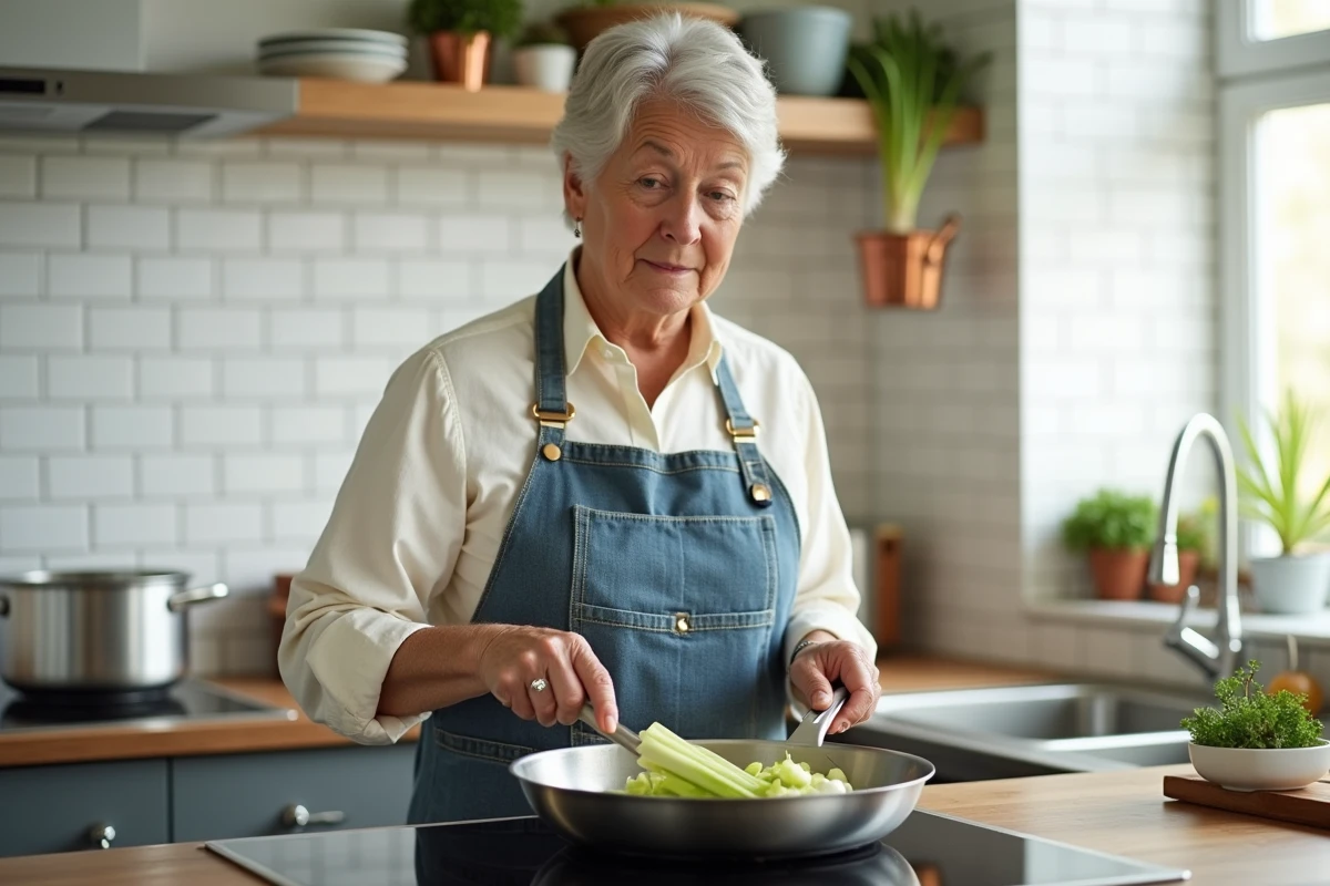 Femme en tablier de cuisine faisant revenir des poireaux émincés dans une poêle sur une cuisinière moderne