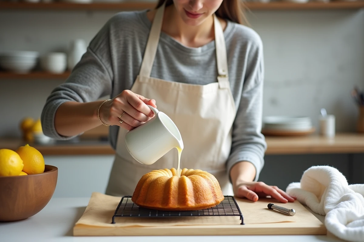 Femme versant un glaçage citron sur un pain de gênes posé sur une grille de refroidissement dans une cuisine domestique lumineuse