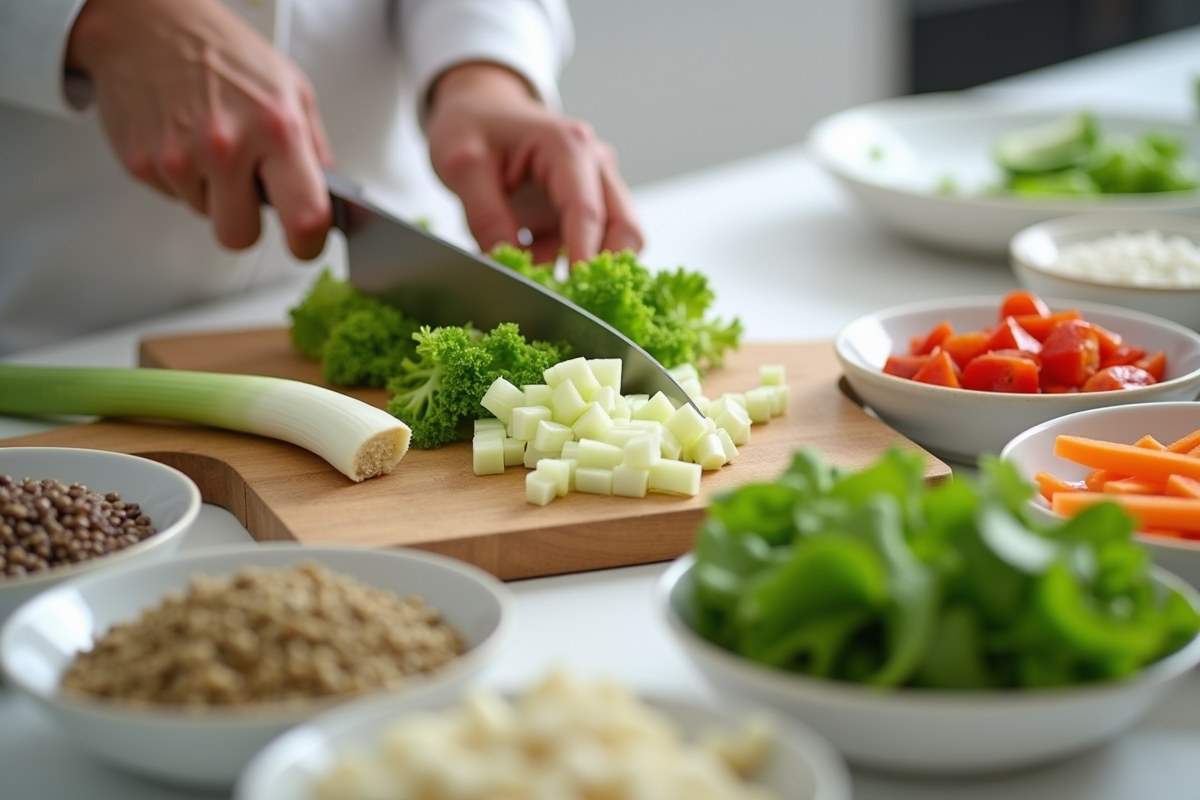 Personnes coupant des légumes frais dans une cuisine moderne