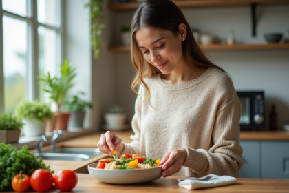 Femme préparant un plat sain avec légumes et poulet dans une cuisine