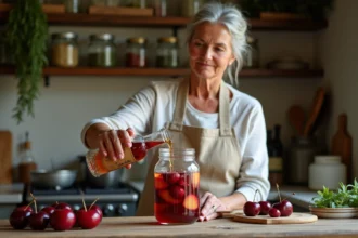 Femme versant de l'alcool pour fruits dans un bocal de cerises et prunes pour préparer une liqueur maison