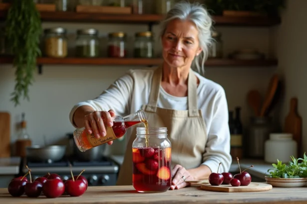 Femme versant de l'alcool pour fruits dans un bocal de cerises et prunes pour préparer une liqueur maison