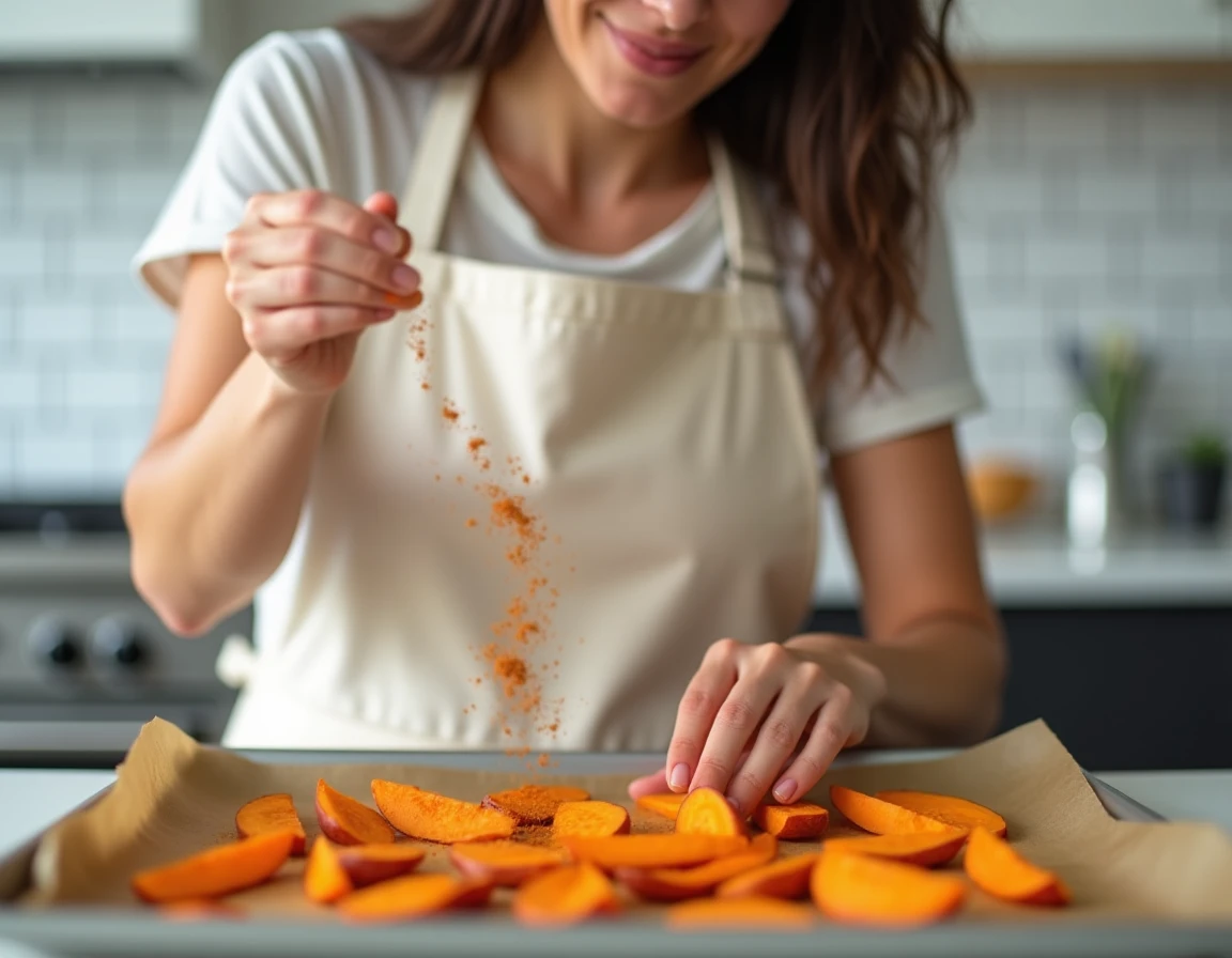 Femme préparant des quartiers de patate douce assaisonnés sur une plaque de cuisson dans une cuisine moderne et lumineuse