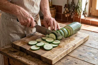 Mains d'une femme coupant de grosses courgettes en rondelles épaisses sur une planche en bois rustique dans une cuisine de campagne française
