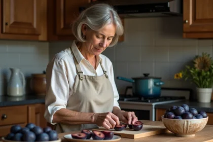 Femme préparant des prunes fraîches coupées en deux sur un plan de travail en bois rustique pour une confiture maison
