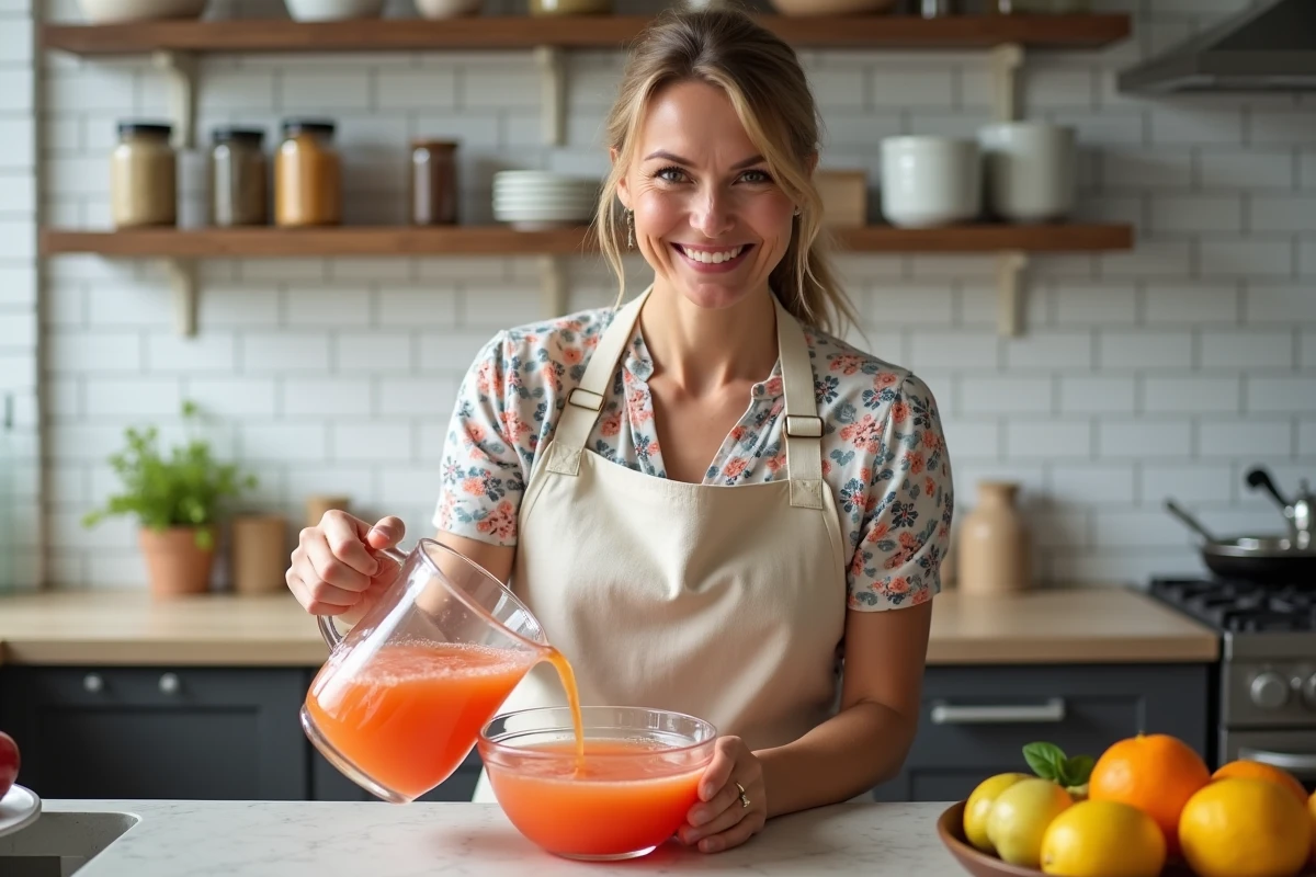 Femme souriante versant du punch aux fruits depuis une carafe en verre dans un bol à punch, dans une cuisine conviviale avec des fruits frais posés sur le plan de travail