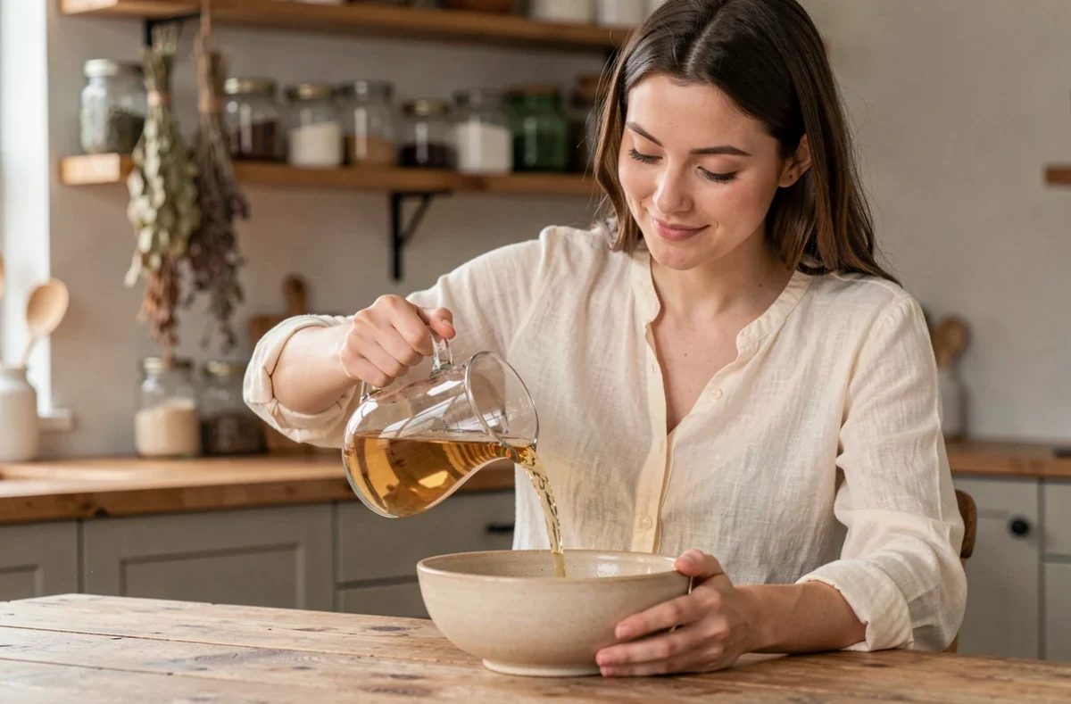 Femme versant une soupe champagne légère dans un bol dans une cuisine rustique en bois