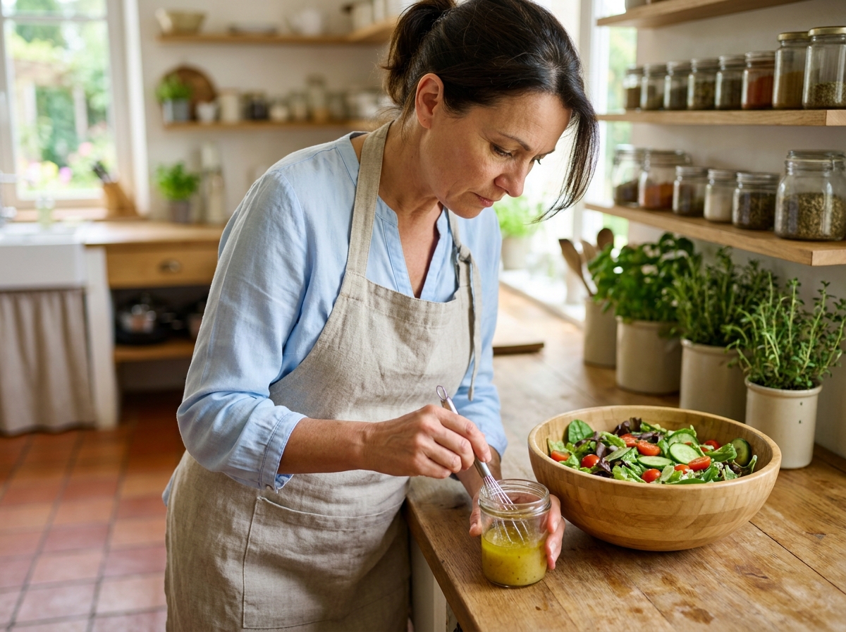 Femme préparant une vinaigrette maison dans un bocal en verre dans une cuisine de style français avec herbes fraîches et épices