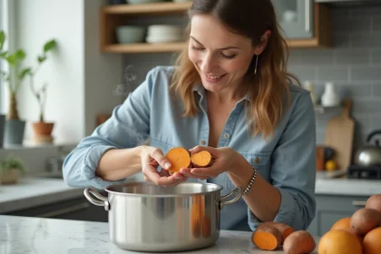 Femme d'âge moyen préparant des patates douces dans la cuisine