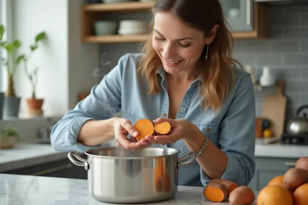 Femme d'âge moyen préparant des patates douces dans la cuisine