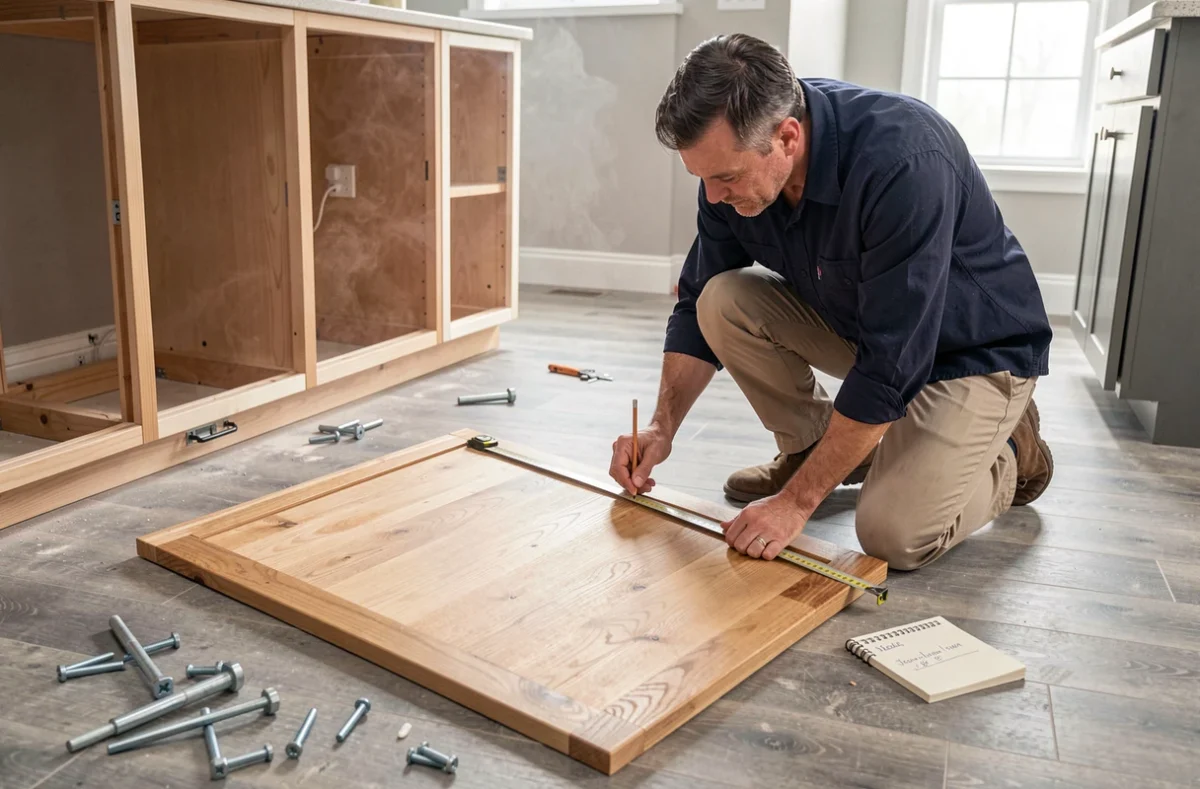 Homme prenant les mesures d'une porte de cuisine démontée pendant des travaux de rénovation