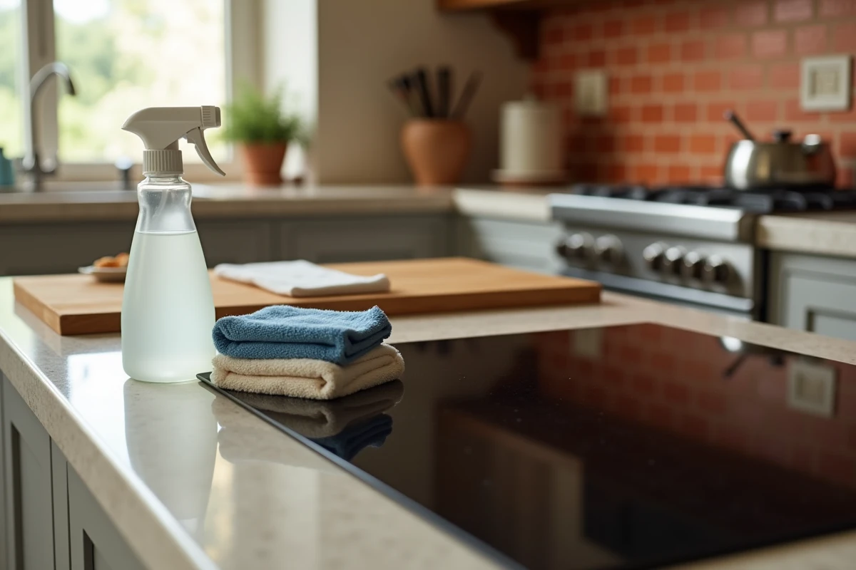 Vue d'ensemble d'une cuisine avec produits de nettoyage et plaque vitrocéramique propre sur le plan de travail