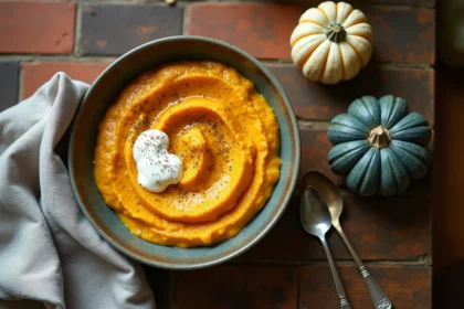 Purée onctueuse de courge bleu de Hongrie servie dans un bol en céramique rustique sur une table en bois, vue de dessus